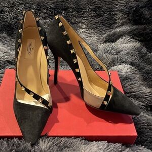 Valentino Garavani D’Orsay Rockstud Suede Point Toe Heels